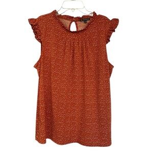 Adrianna Papell Ruffle Sleeve Spotted Blouse L burned orange